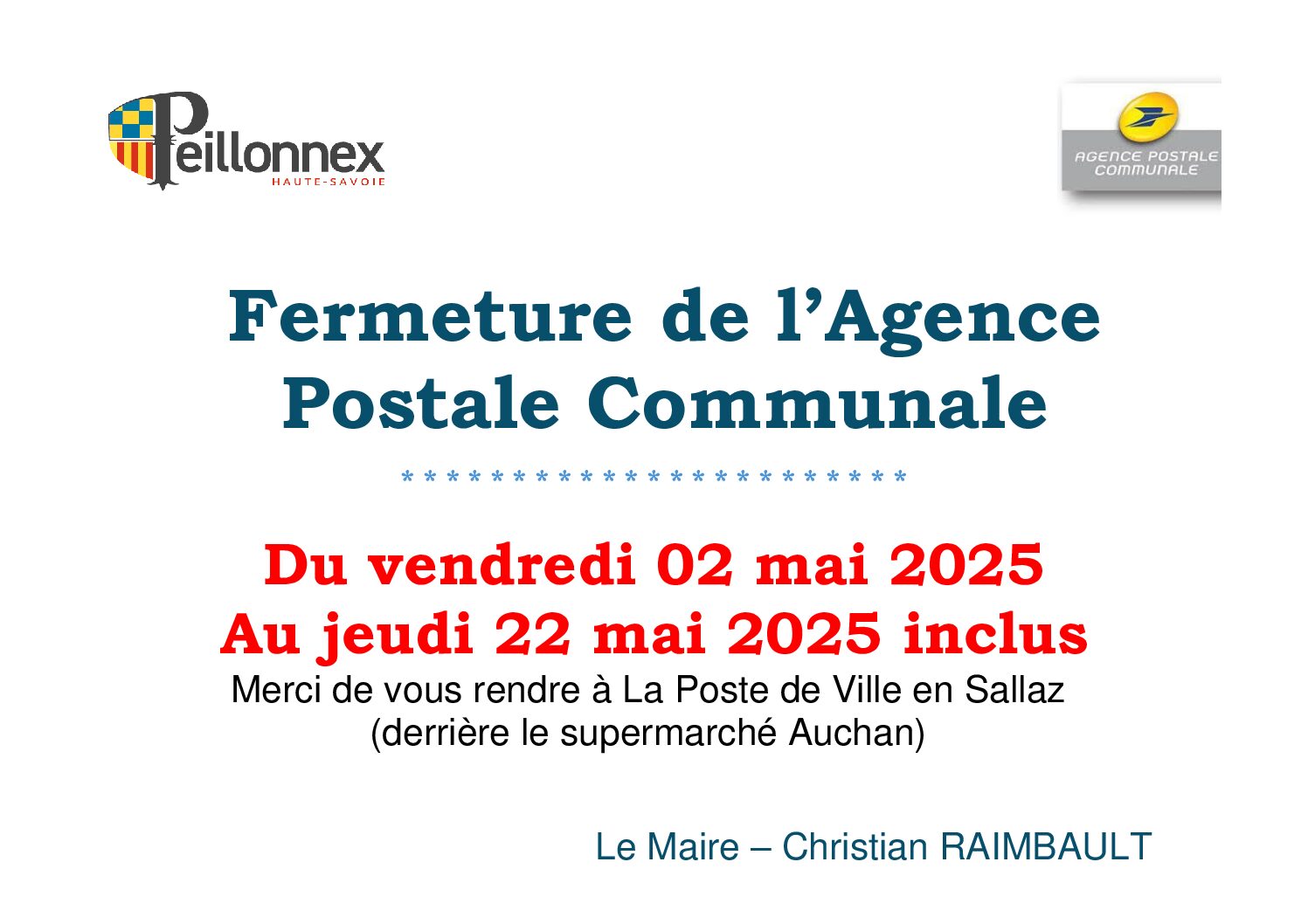 FERMETURE DE L’AGENCE POSTALE COMMUNALE