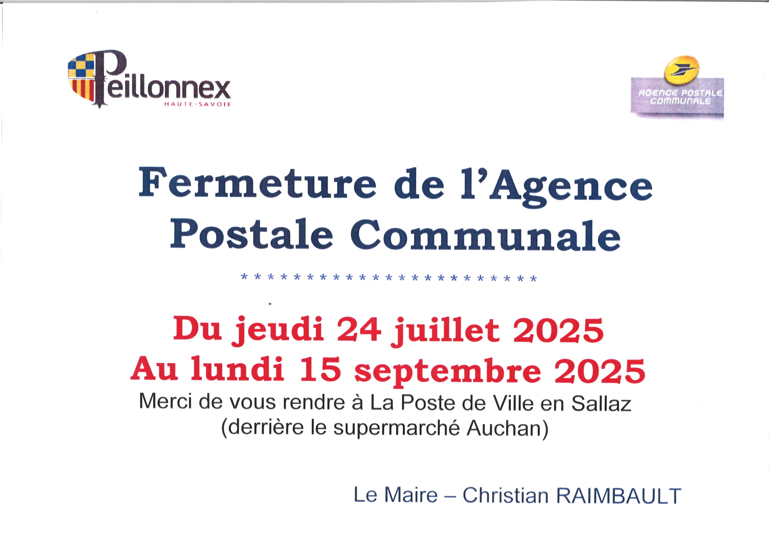 FERMETURE DE L’AGENCE POSTALE COMMUNALE