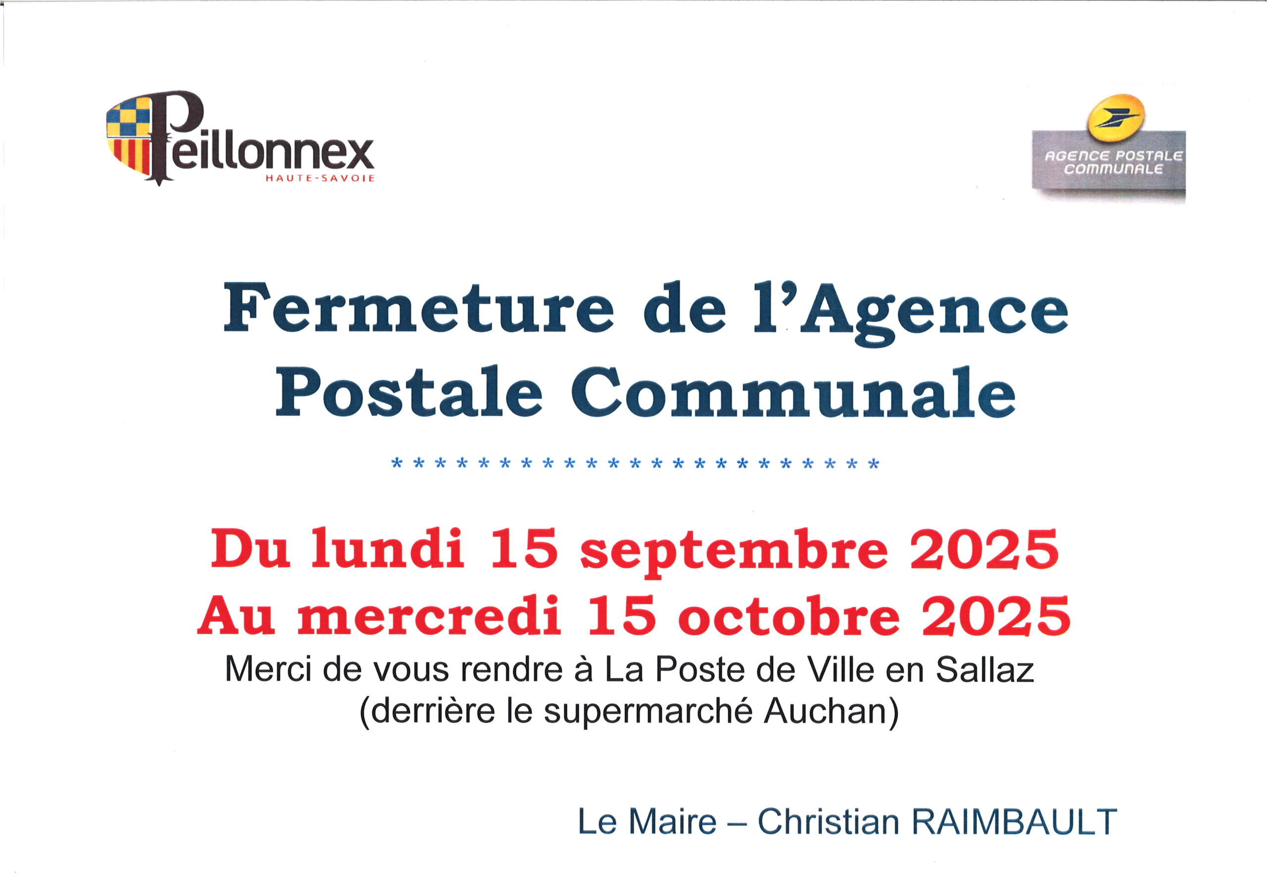 FERMETURE DE L’AGENCE POSTALE COMMUNALE
