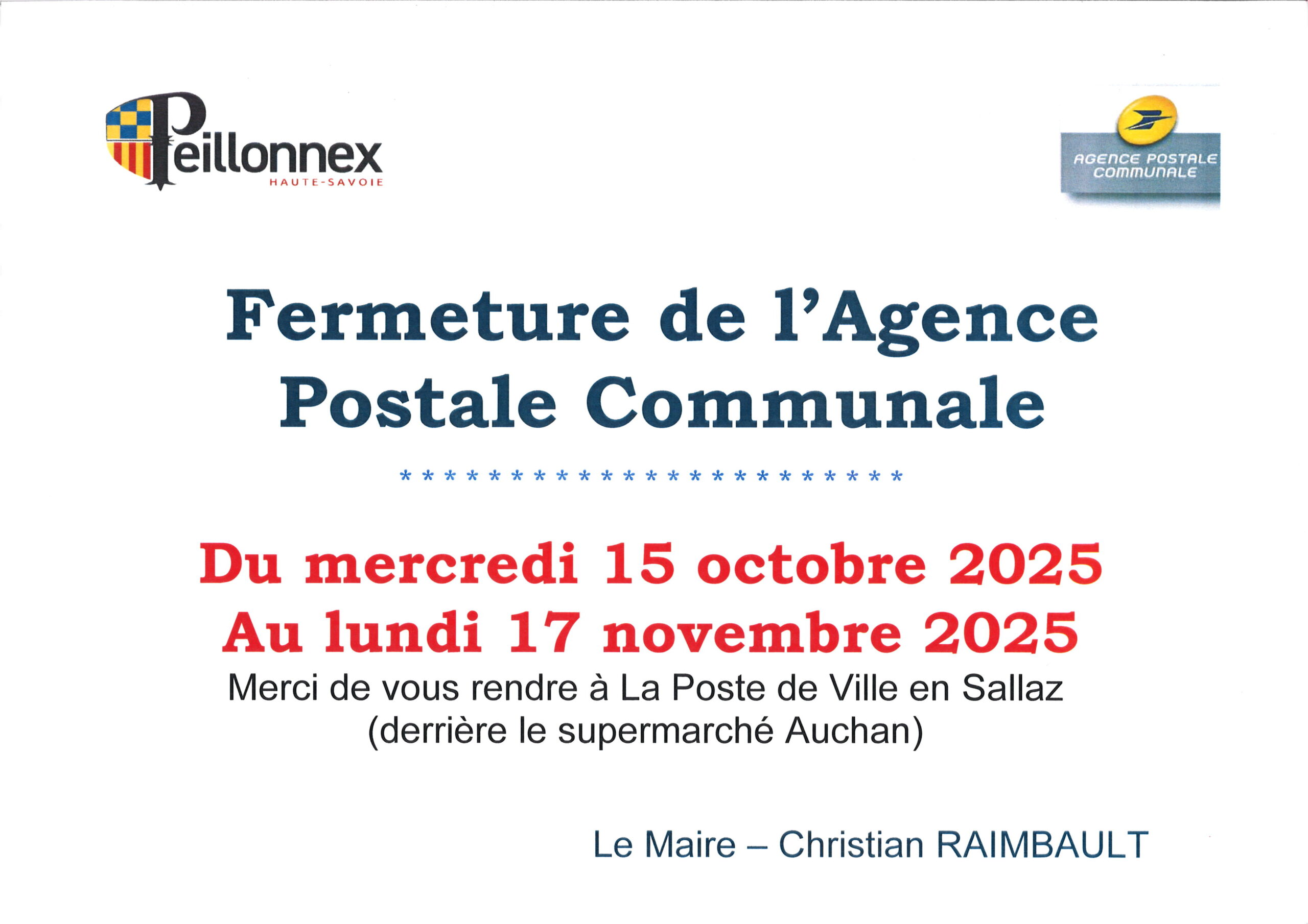 FERMETURE DE L’AGENCE POSTALE COMMUNALE