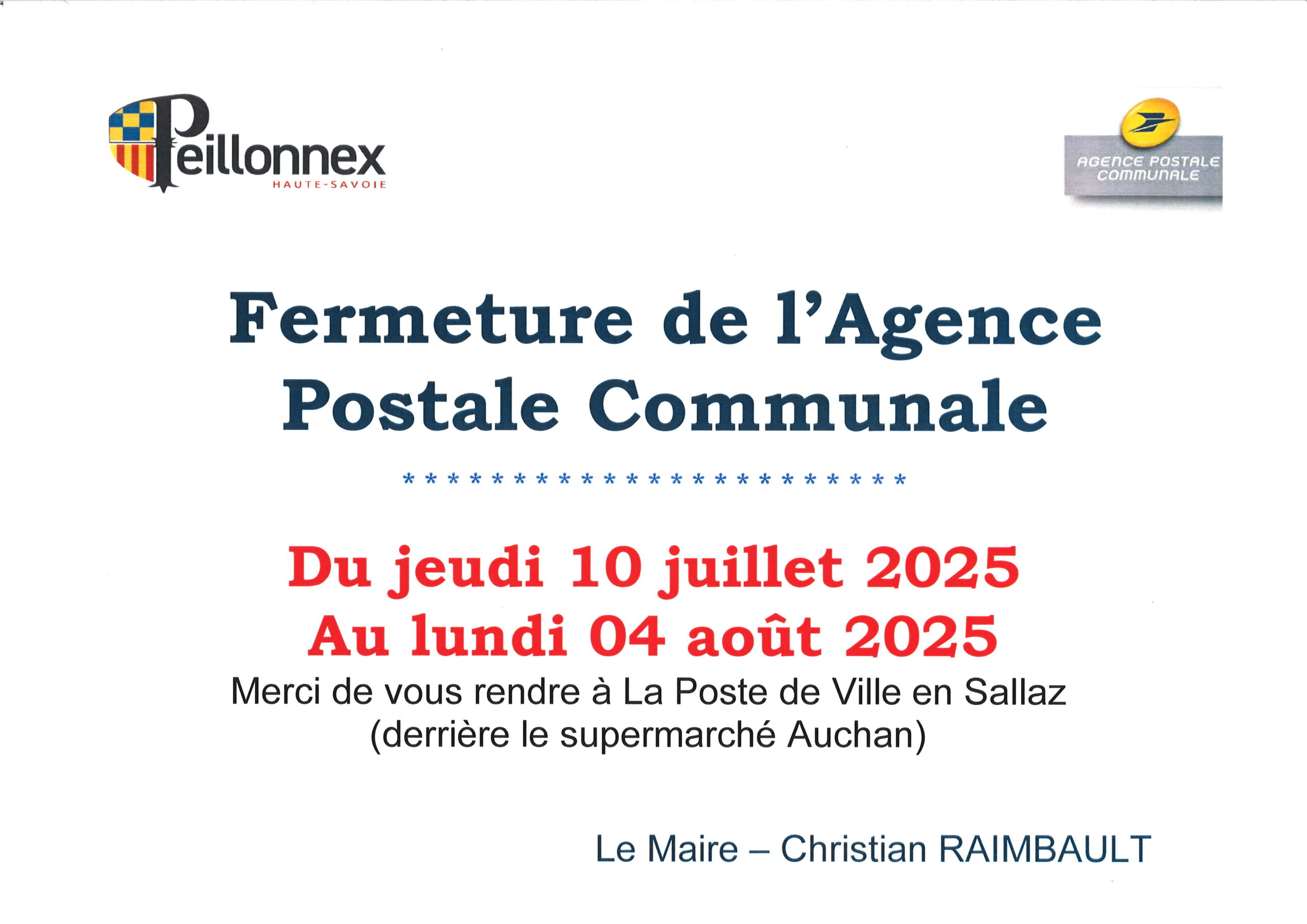FERMETURE DE L’AGENCE POSTALE COMMUNALE