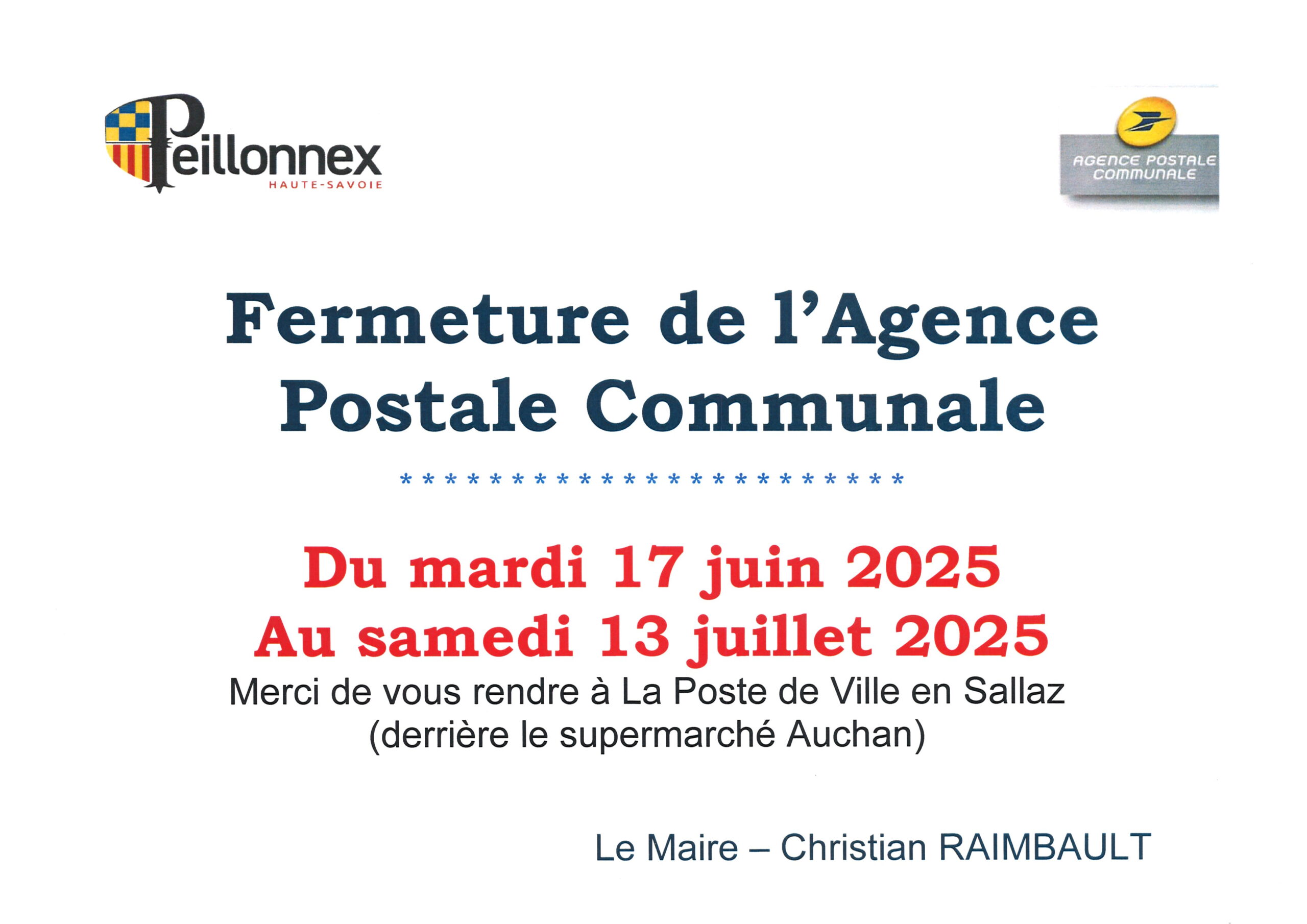 FERMETURE DE L’AGENCE POSTALE COMMUNALE