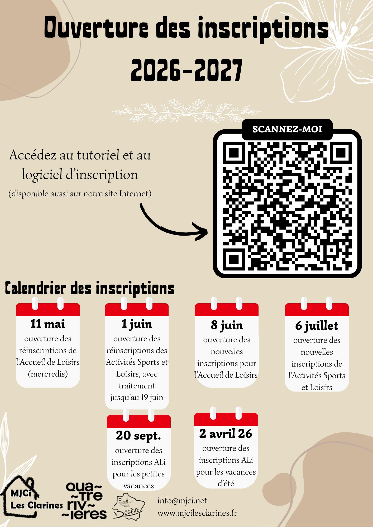 Calendrier des inscriptions MJCi les Clarines