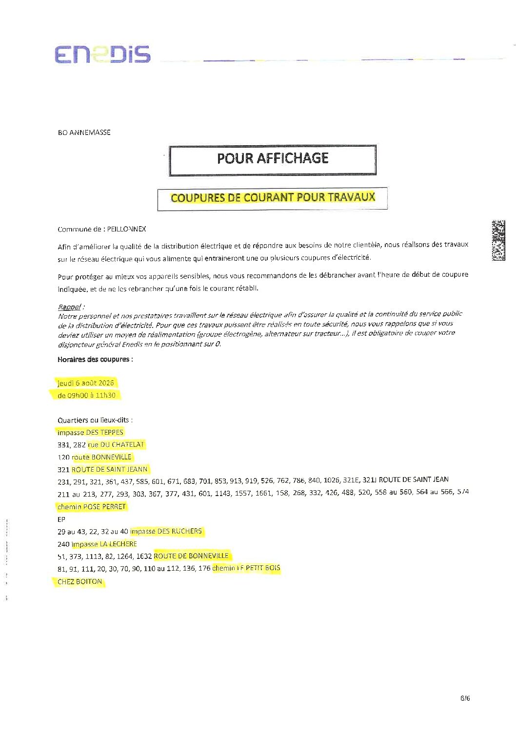 COUPURES DE COURANT POUR TRAVAUX LE 06/08/2026 DE 9H A 11H